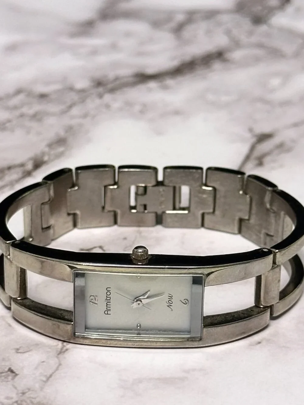 Armitron Watch Women Silver Tone Rectangle Case Bangle Band New Battery 7 Inch